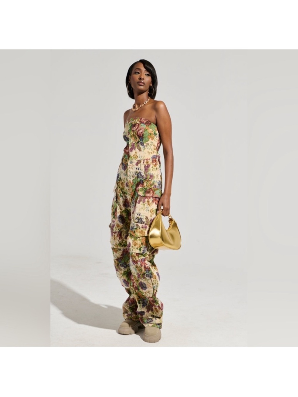 Akira Strapless Floral Cargo Jumpsuit in Multicolor